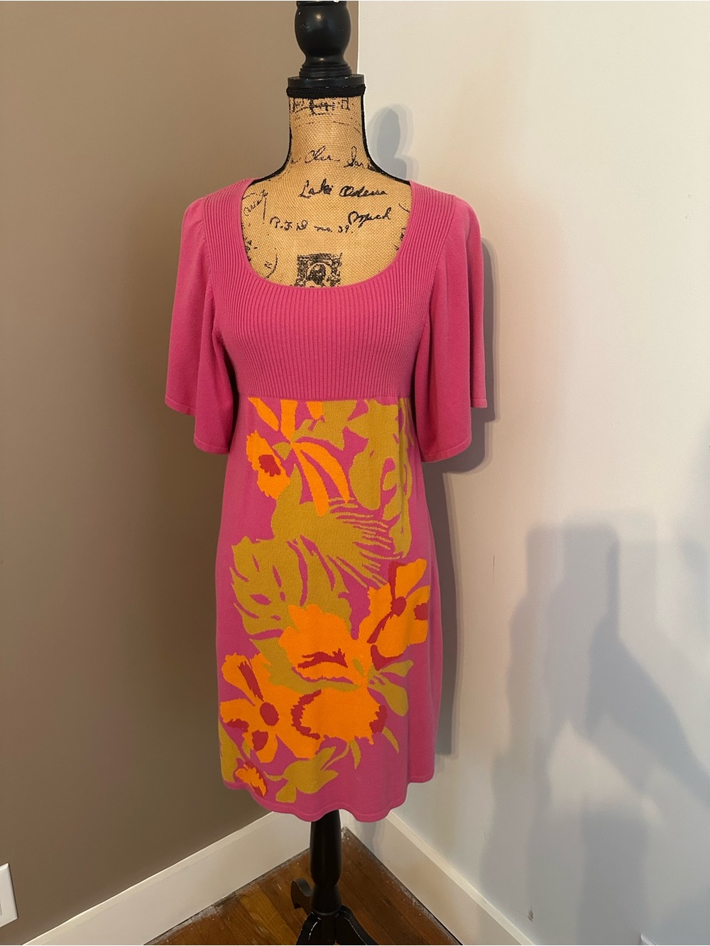 Tibi Pink Knit Mini Dress with Orange and Yellow Floral Print